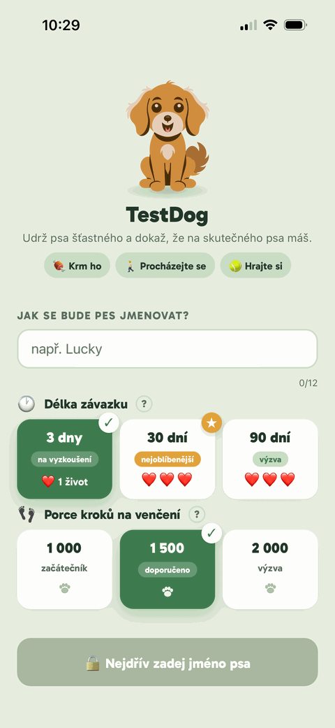 Úvodní nastavení aplikace TestDog – jméno psa, délka výzvy a porce kroků